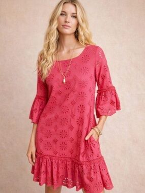 Anthropologie Size 4 Pink eyelet Lace Bell-Sleeve Women's Dress